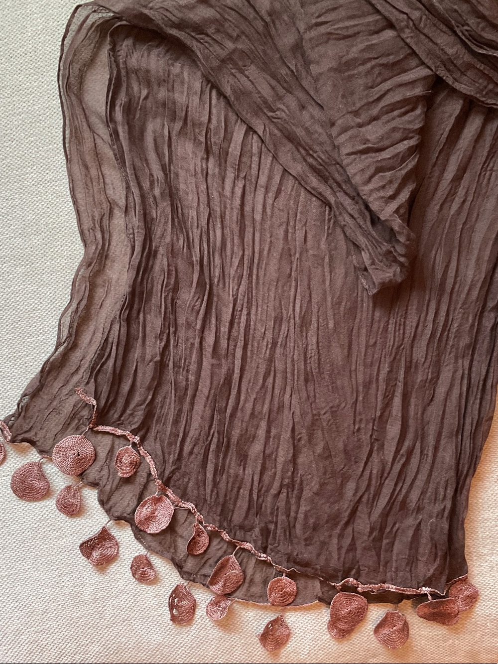 Brown Crinkle Swim Cover-Up with Fringe Pom Trim